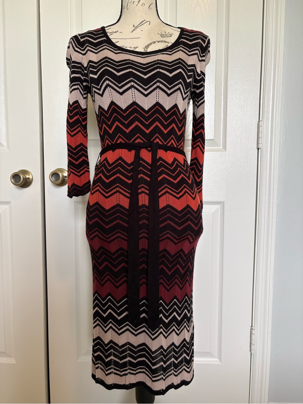 Chevron Knit Midi Dress in Black and Red